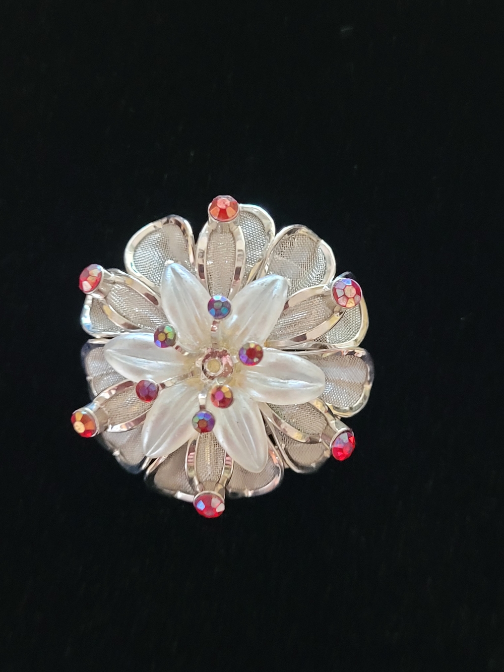 Vintage Silver Floral Brooch/Clip/Buckle with Iridescent Pink Accents